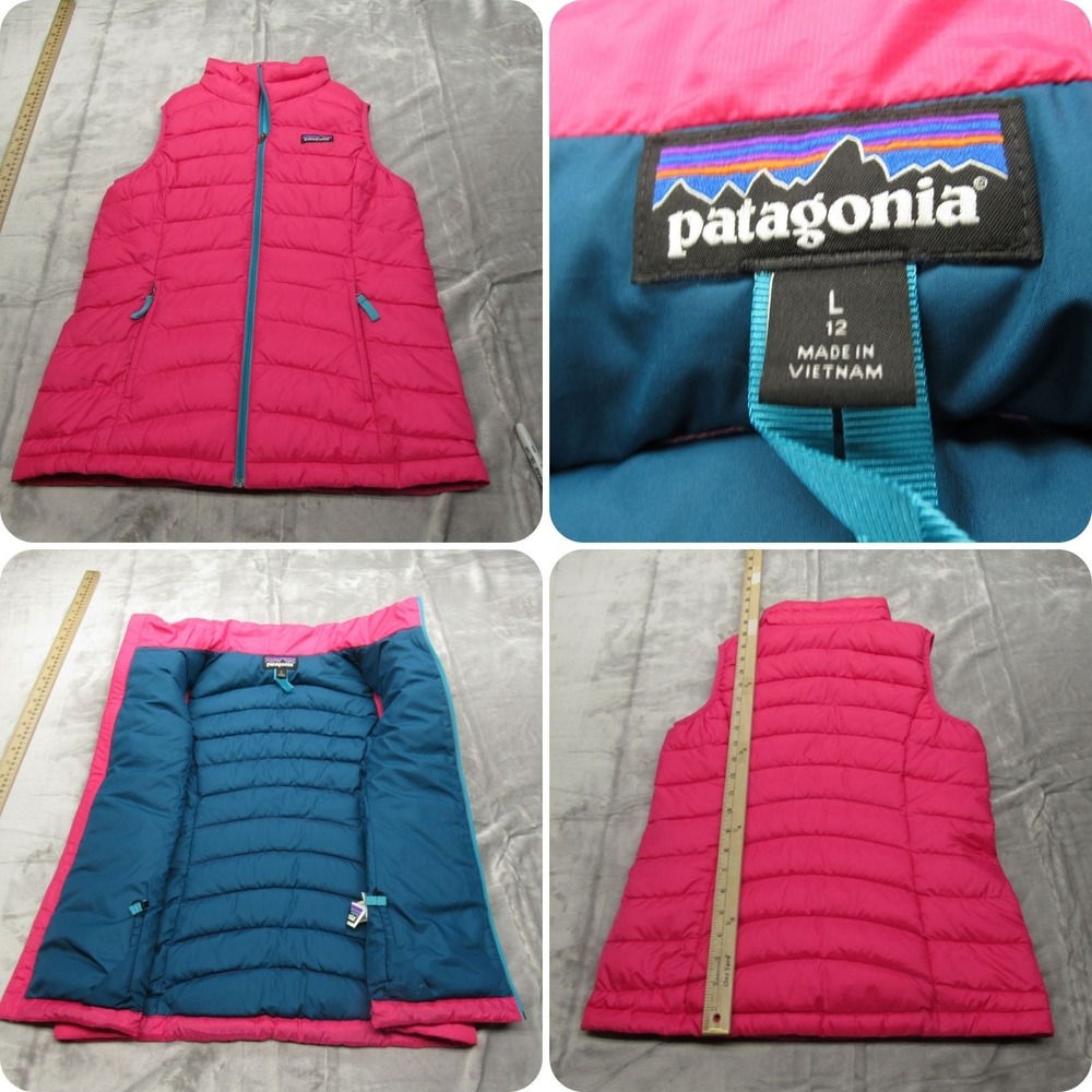 Patagonia Down Sweater Vest Girls Large Pink Pockets Full Zip Quilted Puffer